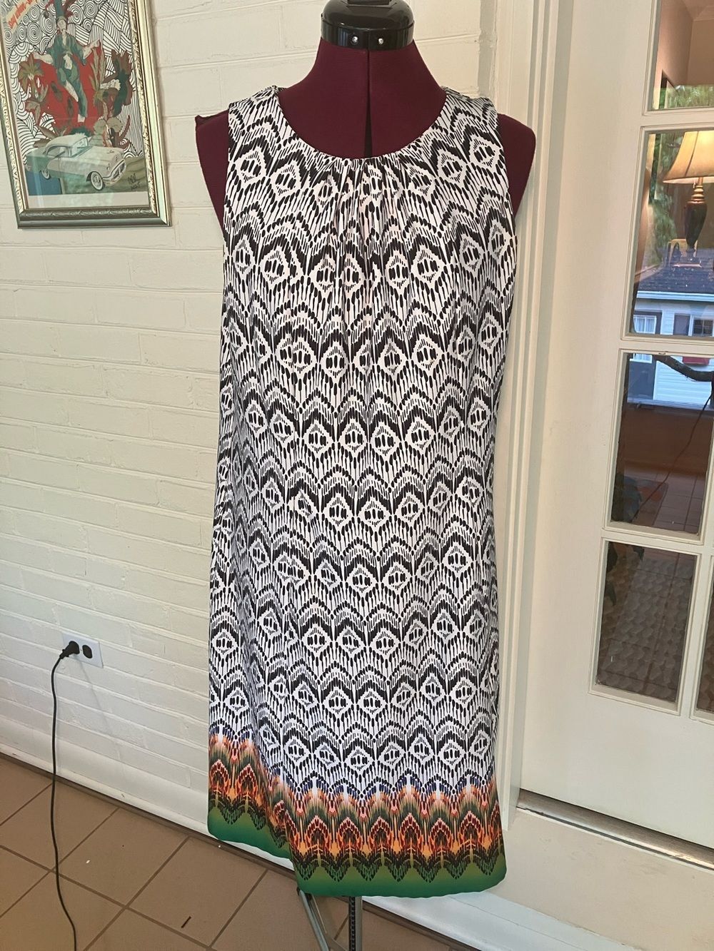 Shelby & Palmer Black and White Geometric Midi Dress with Green Accent Hem